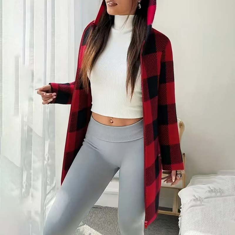 🧥 Rutig jacka för damer med huva och dragkedj