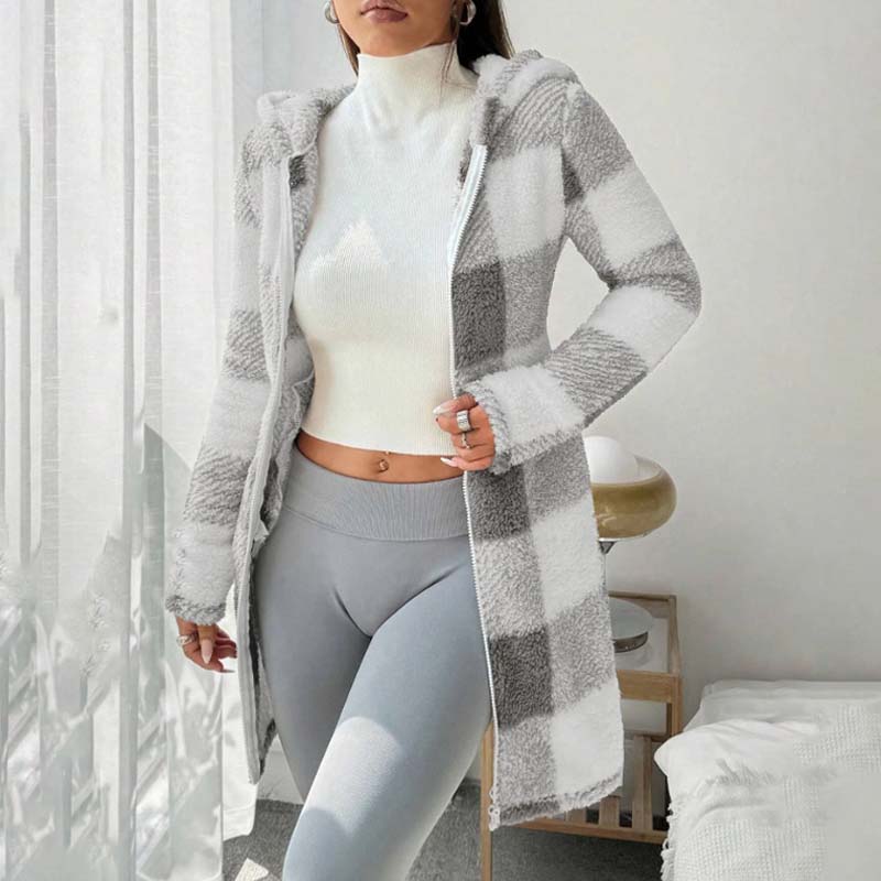 🧥 Rutig jacka för damer med huva och dragkedj