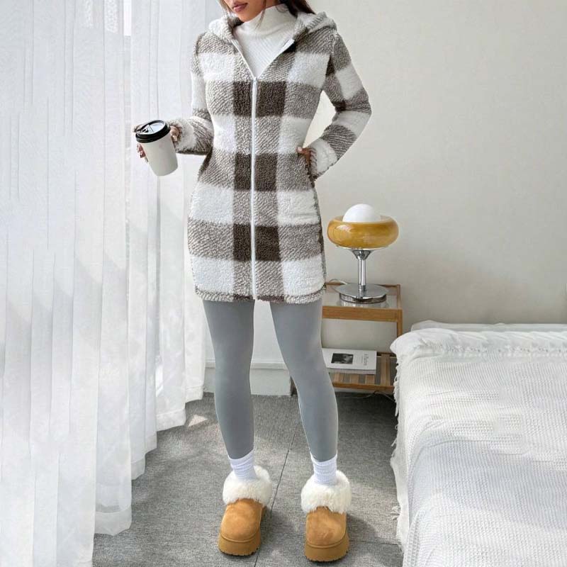 🧥 Rutig jacka för damer med huva och dragkedj